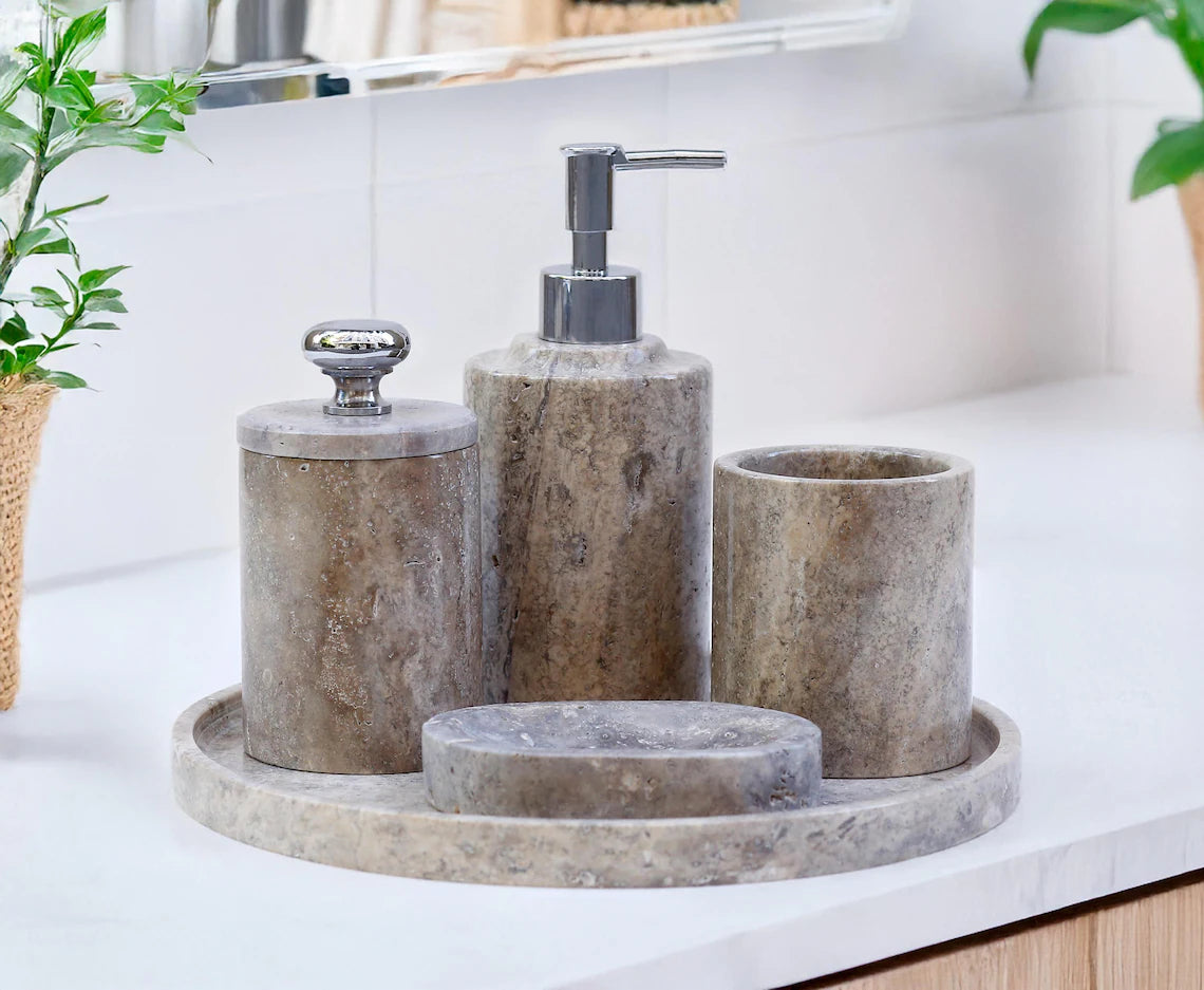 AURUM 5-Piece Luxury Coffee Silver Travertine Bathroom Accessories Set | Ege Home Decor