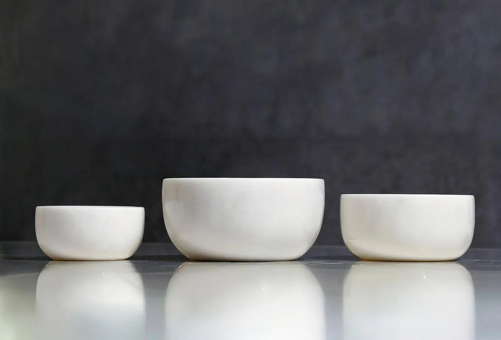 Almirea White Marble Bowl Set (3-Piece) | Handmade Stone Serving Bowls for Kitchen & Living Room | Luxury Snack & Decor Bowls