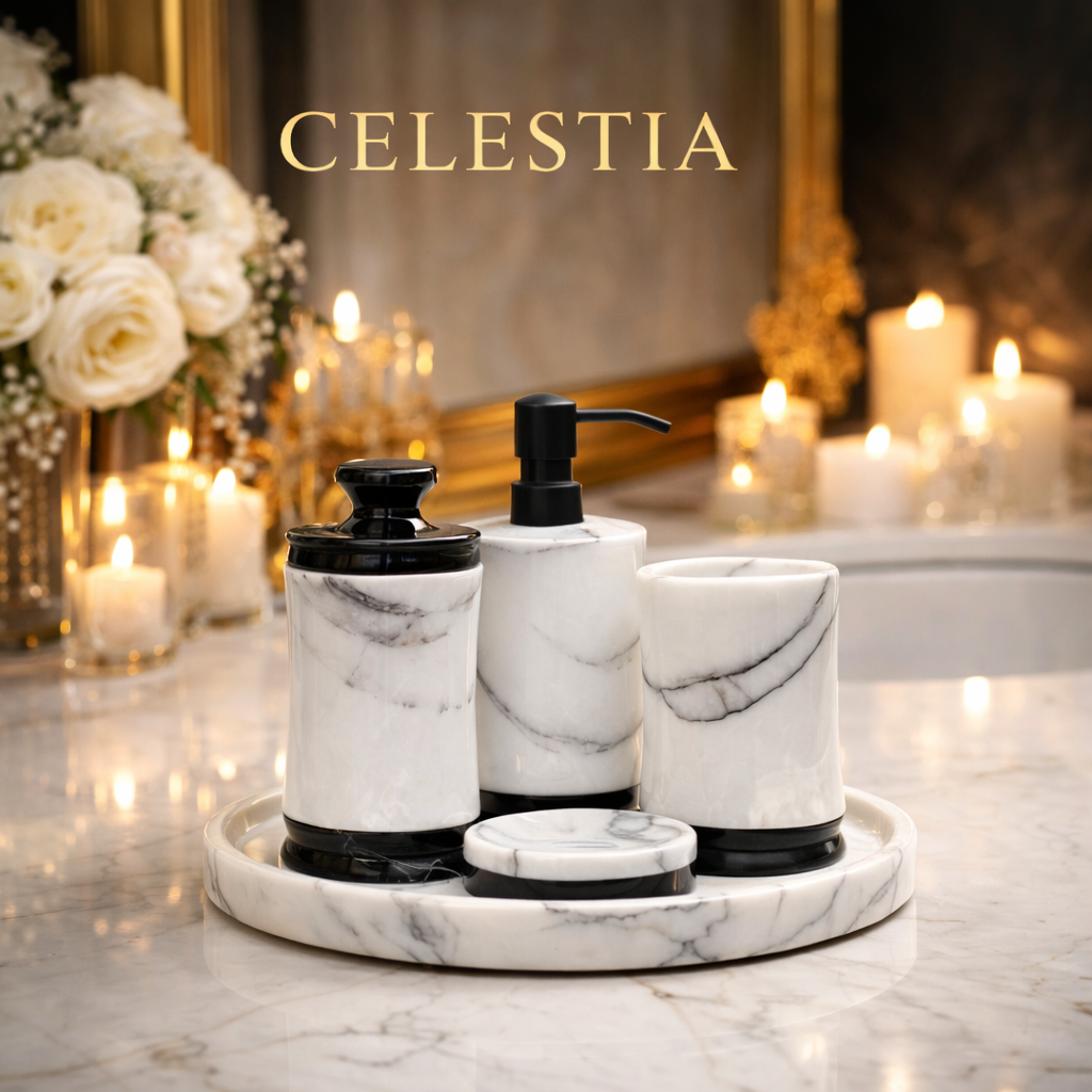 Luxury Marble Bathroom Set – 5 Piece Premium Bathroom Accessories Set with Tray, Soap Dispenser, Toothbrush Holder, Soap Dish, Cotton Jar | Steel Pump