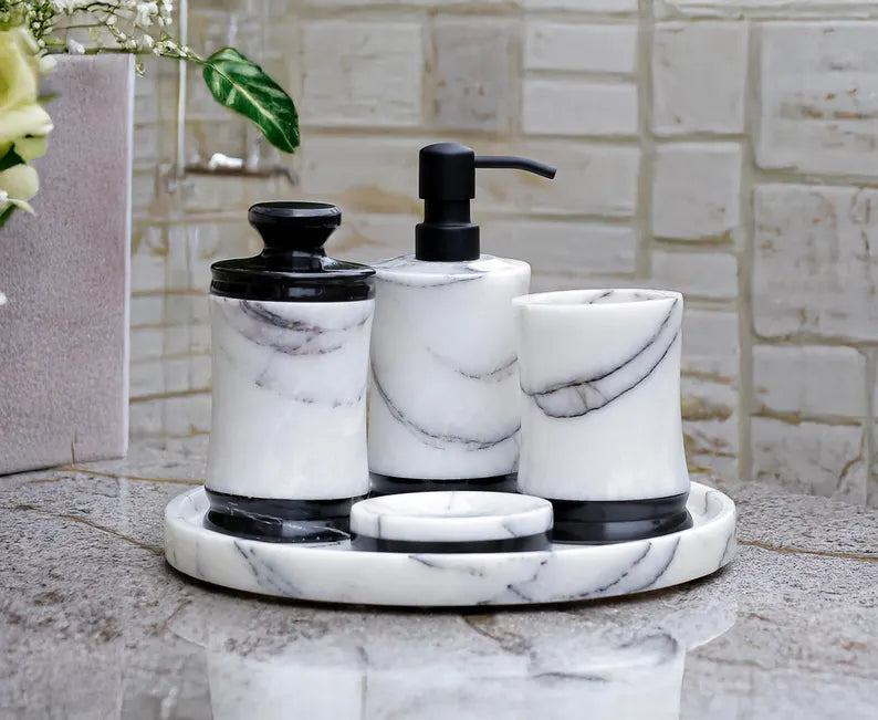 Luxury Marble Bathroom Set – 5 Piece Premium Bathroom Accessories Set with Tray, Soap Dispenser, Toothbrush Holder, Soap Dish, Cotton Jar | Steel Pump