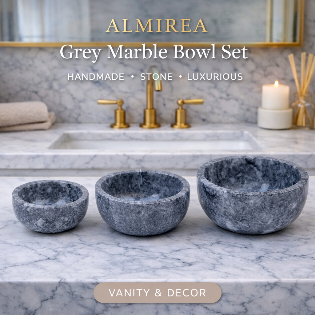 Almirea Grey Marble Bowl Set (3-Piece) | Handmade Stone Serving Bowls for Kitchen & Living Room | Luxury Snack, Mezze & Decor Bowls