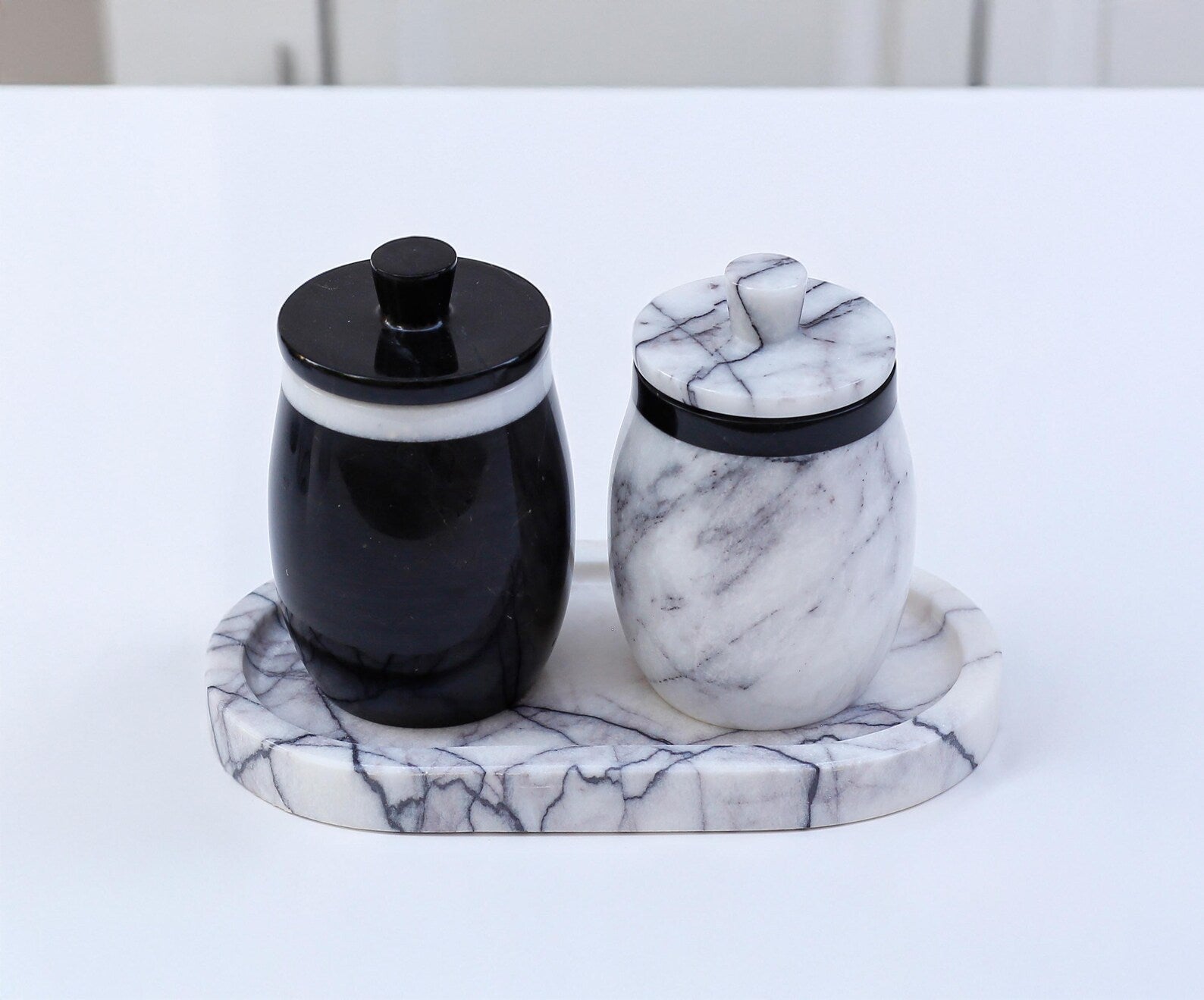 DOMINA 3-Piece Veined White & Black Marble Jar Set with Tray – Salt Cellar & Sugar Pot | Ege Home Decor