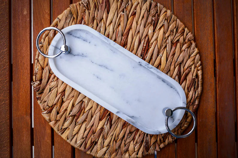 AMANTIA Handmade White Marble Tray with Ring Handles (11.8″) | Ege Home Decor