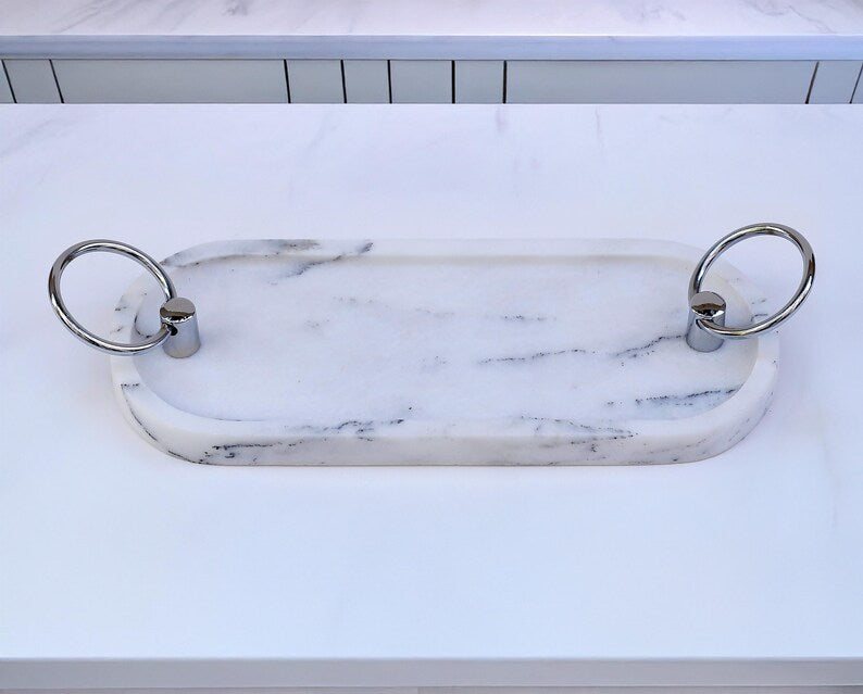AMANTIA Handmade White Marble Tray with Ring Handles (11.8″) | Ege Home Decor