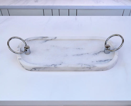 AMANTIA Handmade White Marble Tray with Ring Handles (11.8″) | Ege Home Decor