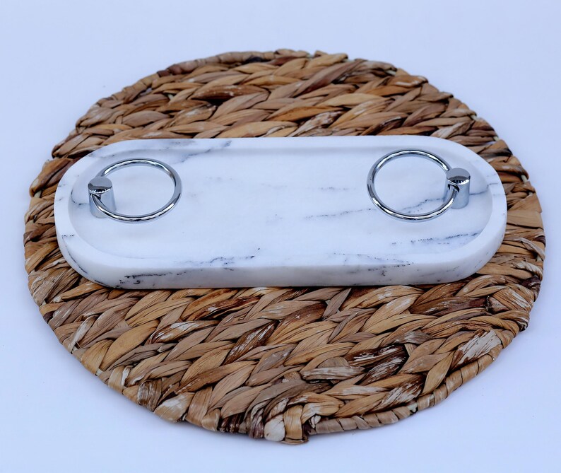 AMANTIA Handmade White Marble Tray with Ring Handles (11.8″) | Ege Home Decor