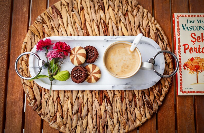 AMANTIA Handmade White Marble Tray with Ring Handles (11.8″) | Ege Home Decor