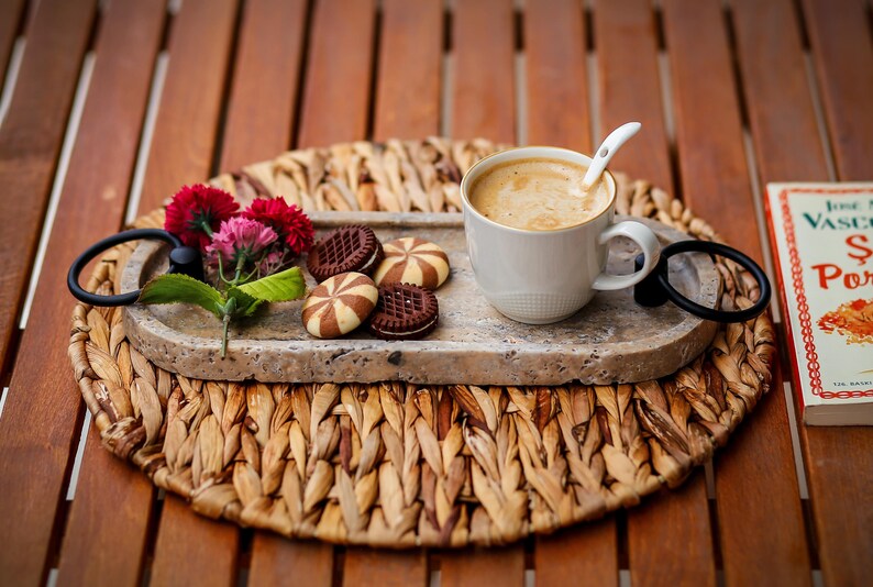 AMORA Handcrafted Travertine Marble Tray for Tea & Coffee Service (11.8″) | Ege Home Decor