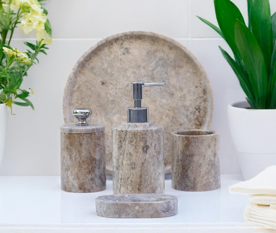 AURUM 5-Piece Luxury Coffee Silver Travertine Bathroom Accessories Set | Ege Home Decor