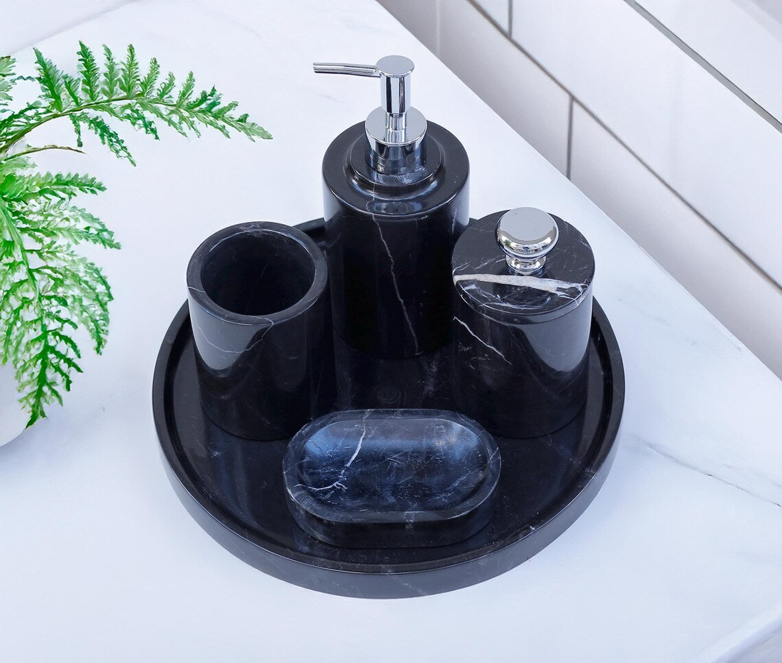 AURUM 5-Piece Luxury Black Marble Bathroom Accessories Set | Ege Home Decor