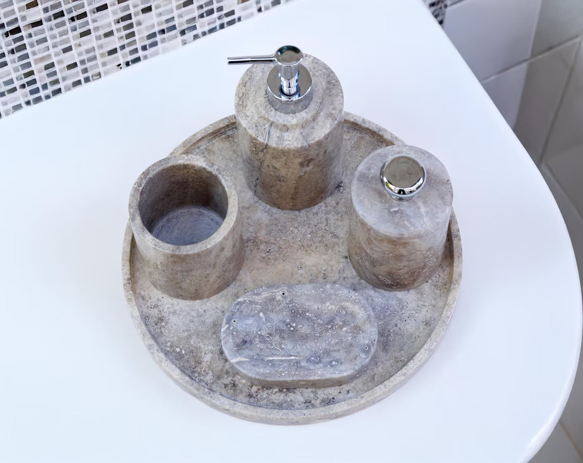 AURUM 5-Piece Luxury Coffee Silver Travertine Bathroom Accessories Set | Ege Home Decor
