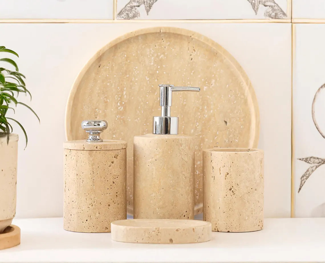 AURUM 5-Piece Luxury Beige Travertine Bathroom Accessories Set | Ege Home Decor