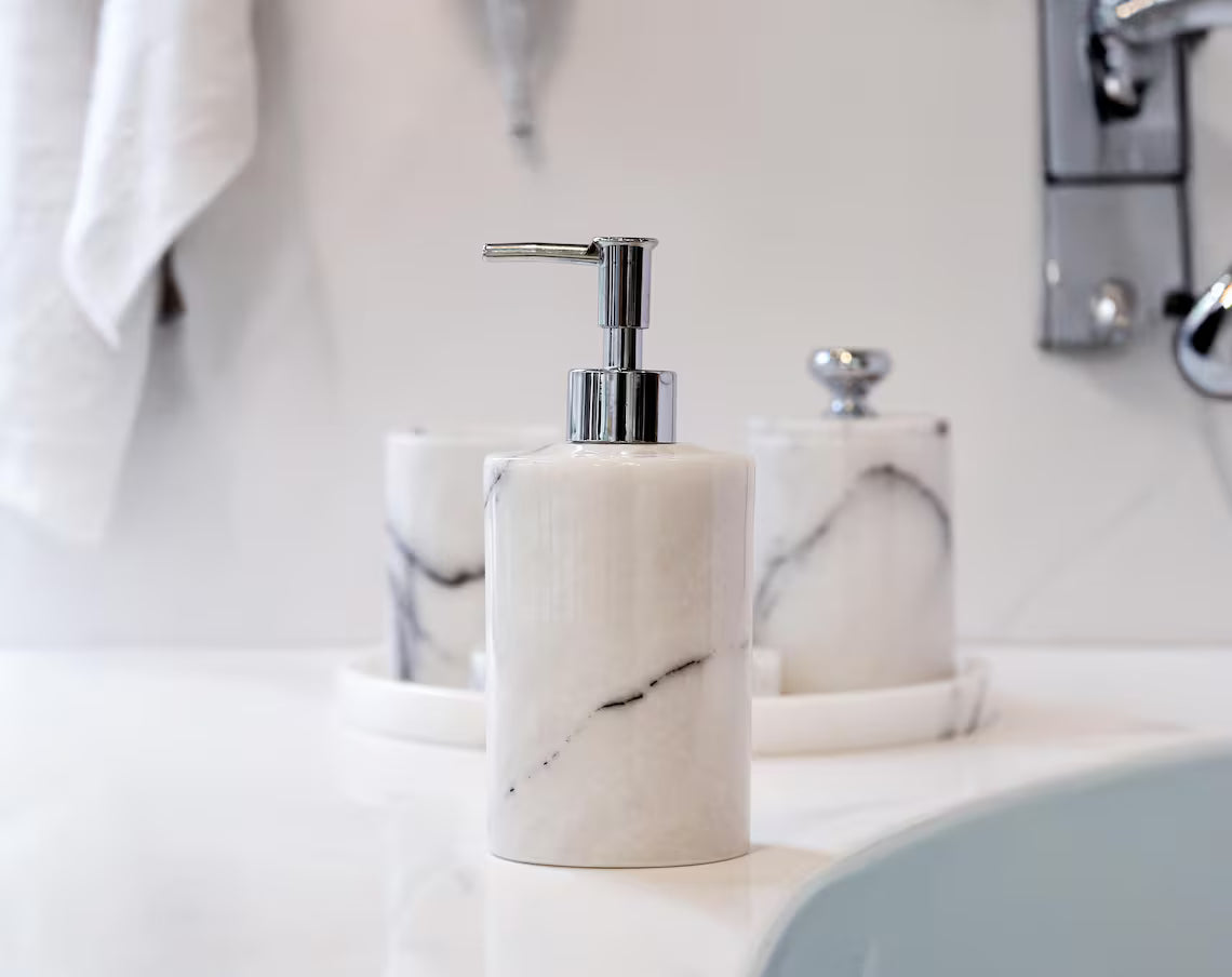 AURUM Luxury Veined White Marble 5-Piece Bathroom Accessories Set | Ege Home Decor