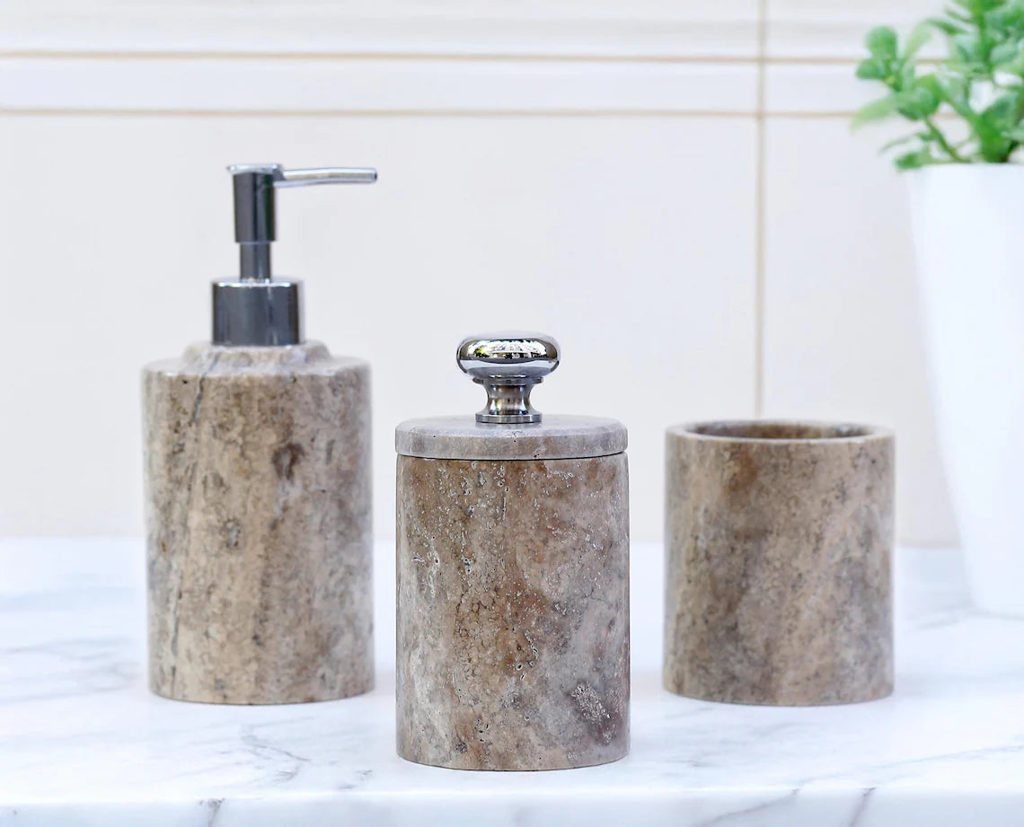 AURUM 5-Piece Luxury Coffee Silver Travertine Bathroom Accessories Set | Ege Home Decor
