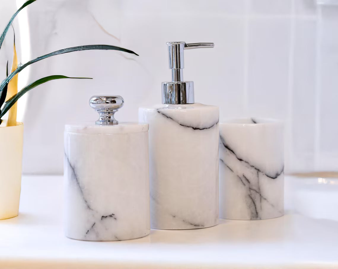 AURUM Luxury Veined White Marble 5-Piece Bathroom Accessories Set | Ege Home Decor
