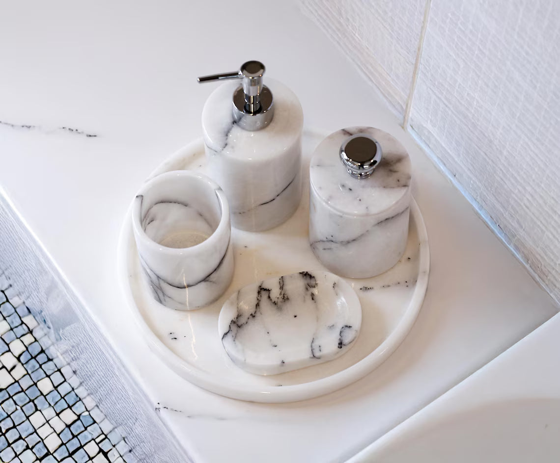 AURUM Luxury Veined White Marble 5-Piece Bathroom Accessories Set | Ege Home Decor