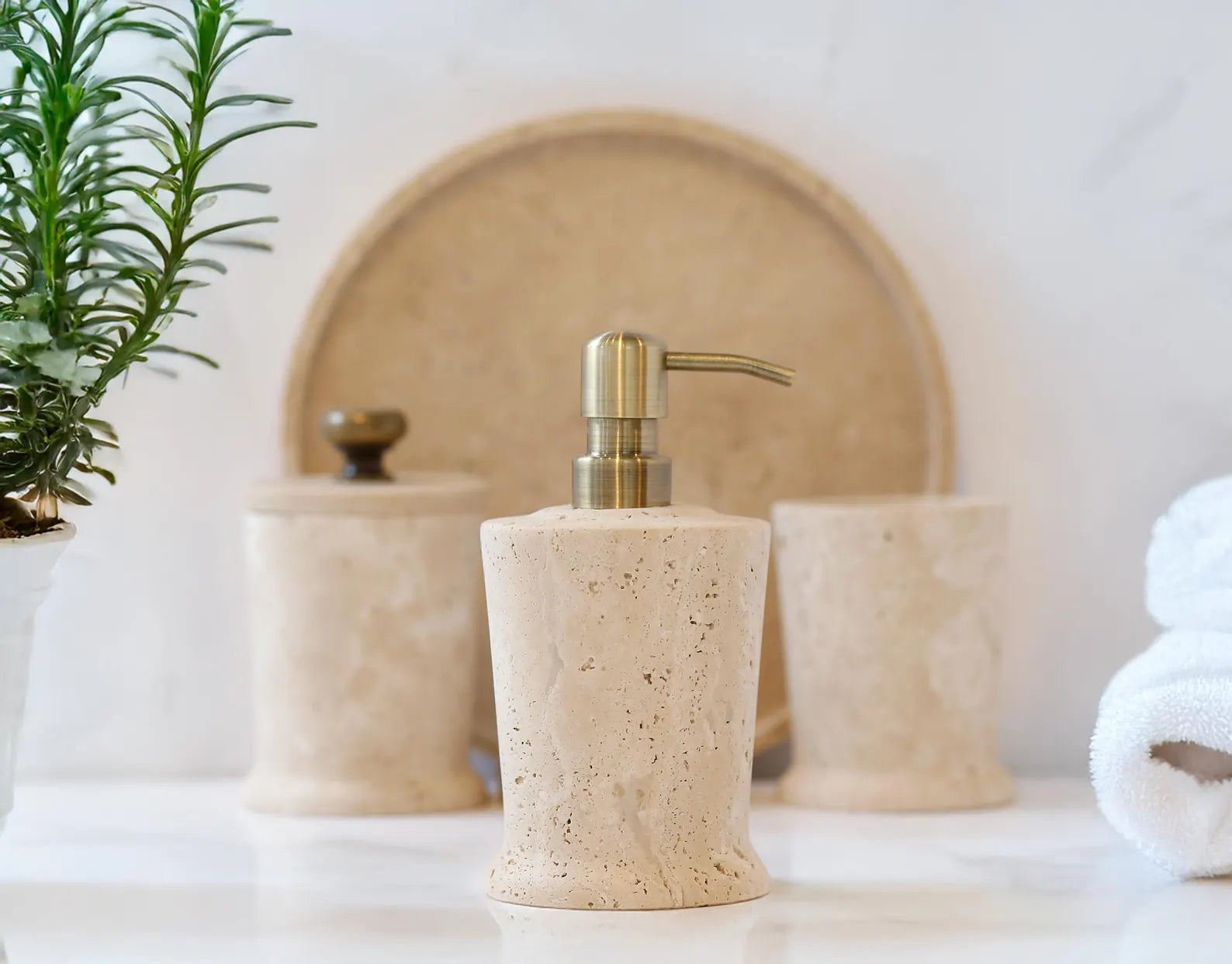 CHARIS Beige Travertine Marble Bathroom Accessories Set – Conical Design with Stainless Steel Pump | Ege Home Decor
