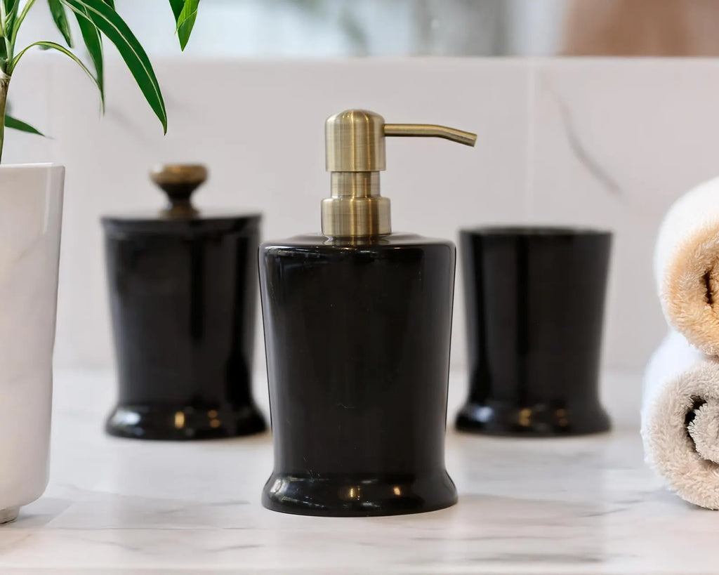 CHARIS Handmade Black Marble Bathroom Accessories Set with Tray – Stainless Steel Pump | Ege Home Decor