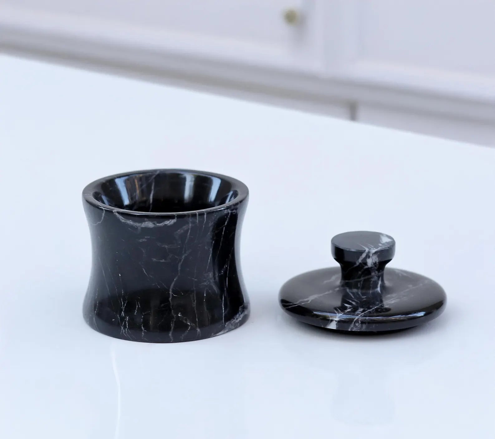 CLEMENZA Black Marble Jar with Lid – Handcrafted Marble Salt Cellar, Stone Canister – Compact Design | Ege Home Decor