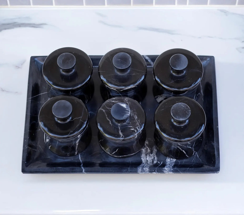CLEMENZA 7-Piece Handcrafted Black Marble Spice Canister Set with Tray – Modern Jars with Lid – Compact Design | Ege Home Decor