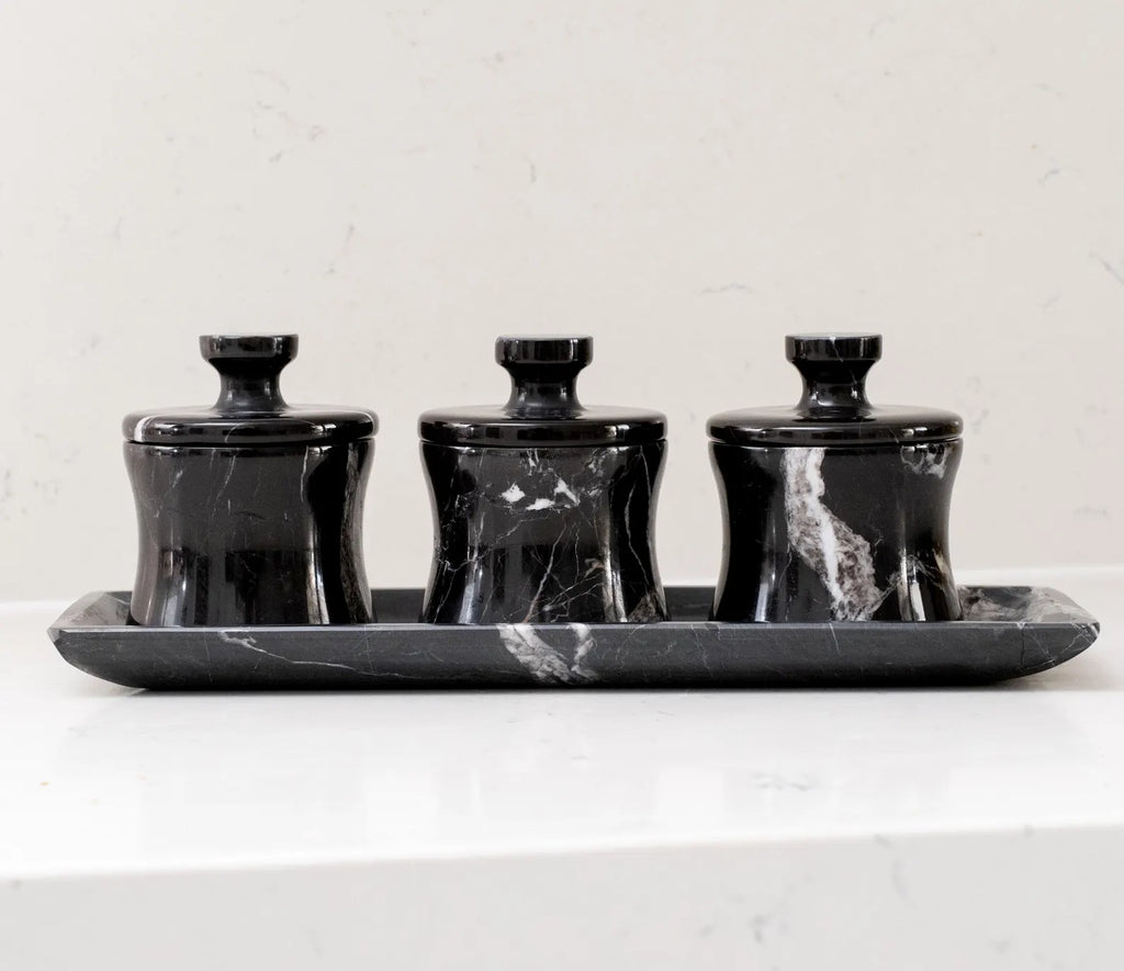 CLEMENZA 4-Piece Handcrafted Black Marble Spice Jar Set with Tray – Stone Canisters with Lid | Ege Home Decor