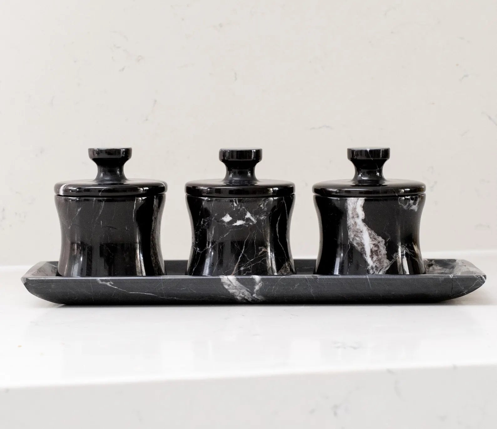 CLEMENZA 4-Piece Handcrafted Black Marble Spice Jar Set with Tray – Stone Canisters with Lid | Ege Home Decor