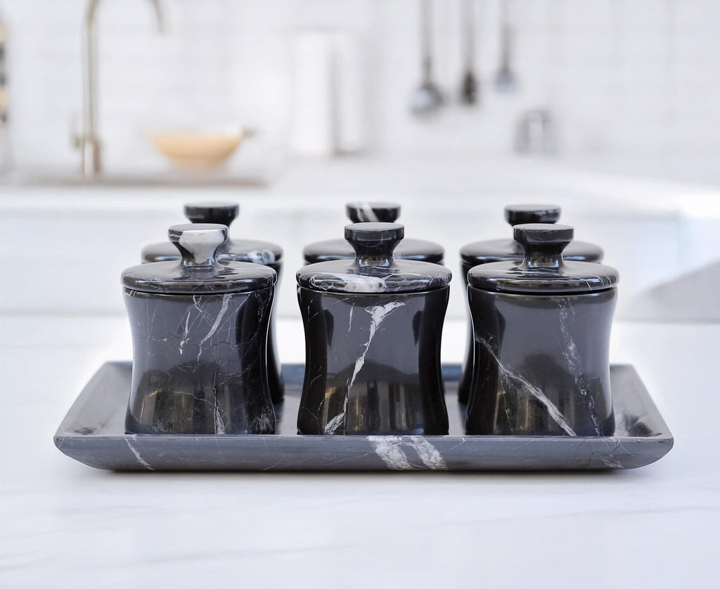 CLEMENZA 7-Piece Handmade Black Marble Spice Jar Set with Tray – Elegant Canisters with Lid – Tall Design | Ege Home Decor
