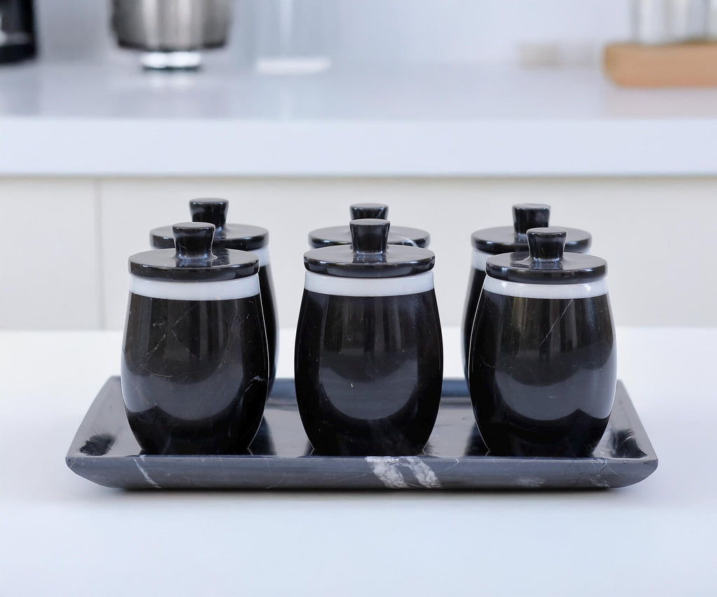 DOMINA 7-Piece Handcrafted Black Marble Spice Jar Set with Tray – Luxury Canisters with Lid - Type A