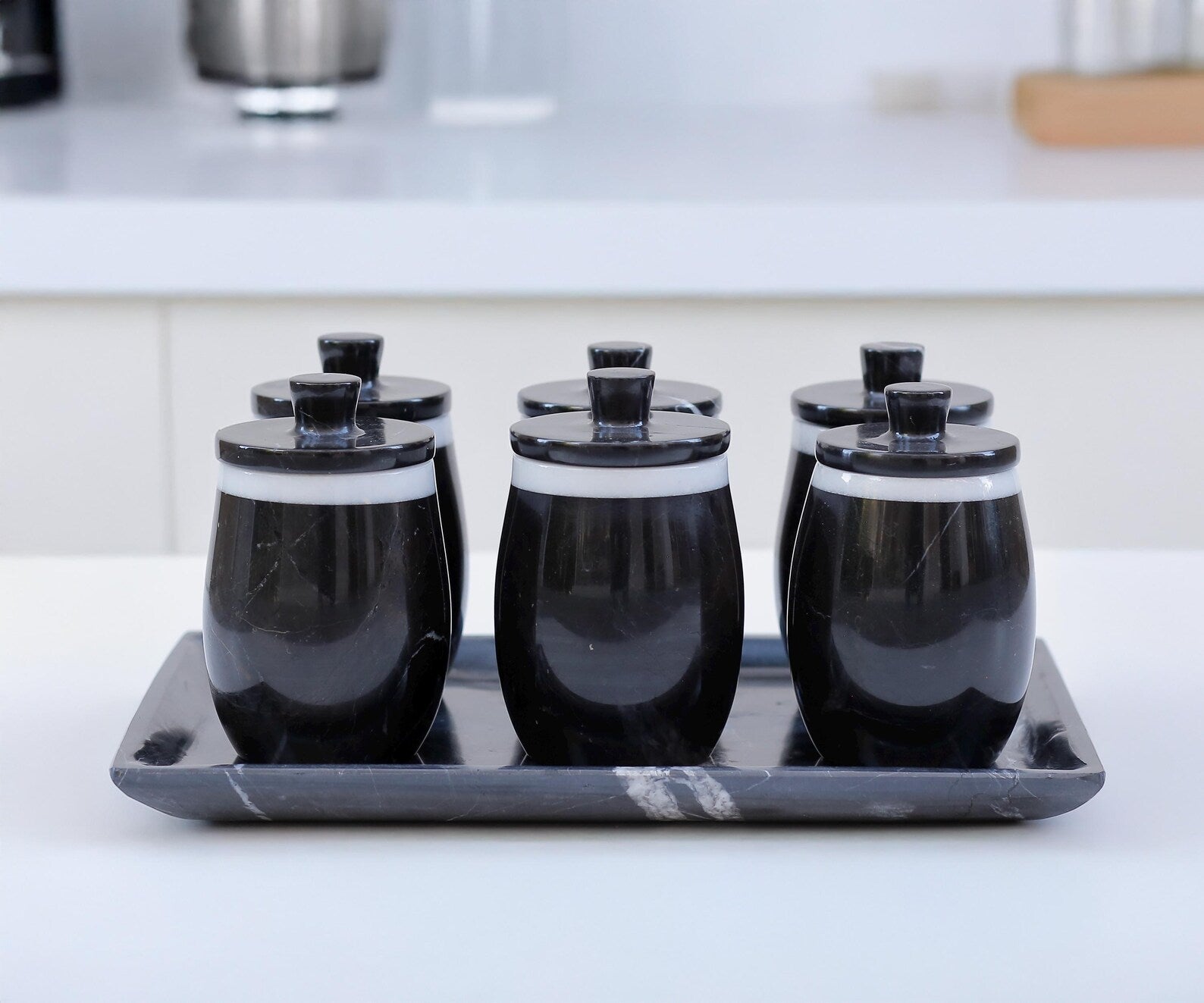 DOMINA 7-Piece Handcrafted Black Marble Spice Jar Set with Tray – Luxury Canisters with Lid - Type A