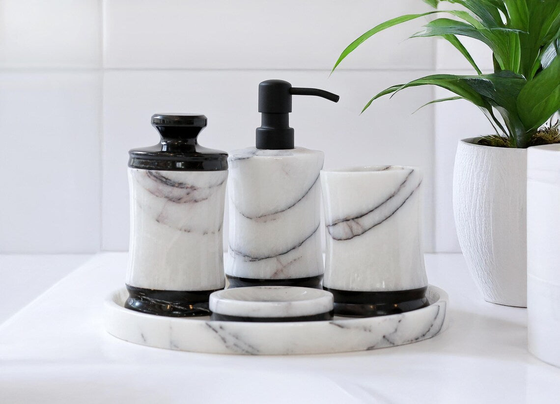 CAELUM 5-Piece Luxury Black & White Marble Bathroom Accessories Set with Stainless Steel Pump | Ege Home Decor