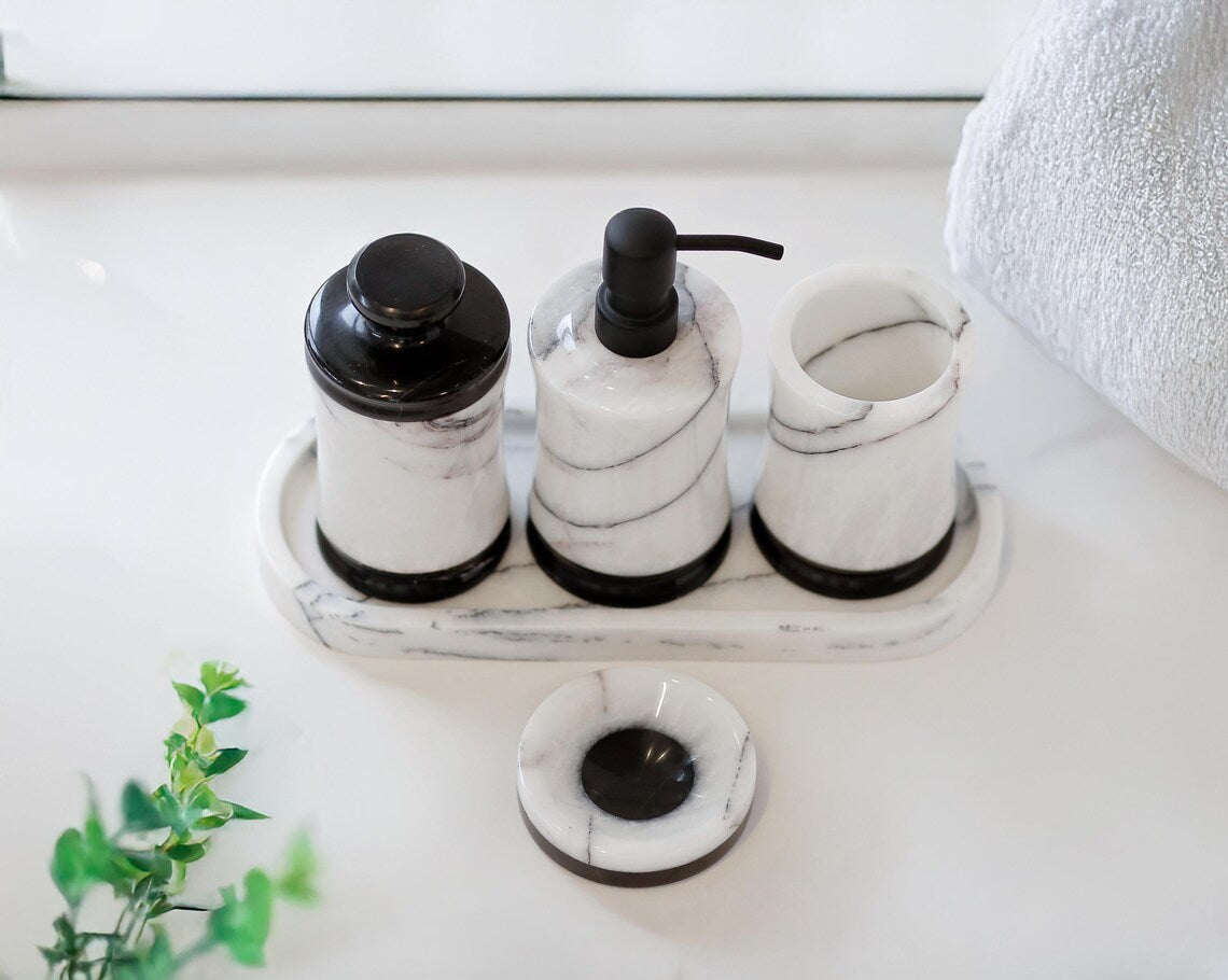 CAELUM 5-Piece Luxury Black & White Marble Bathroom Accessories Set with Stainless Steel Pump | Ege Home Decor