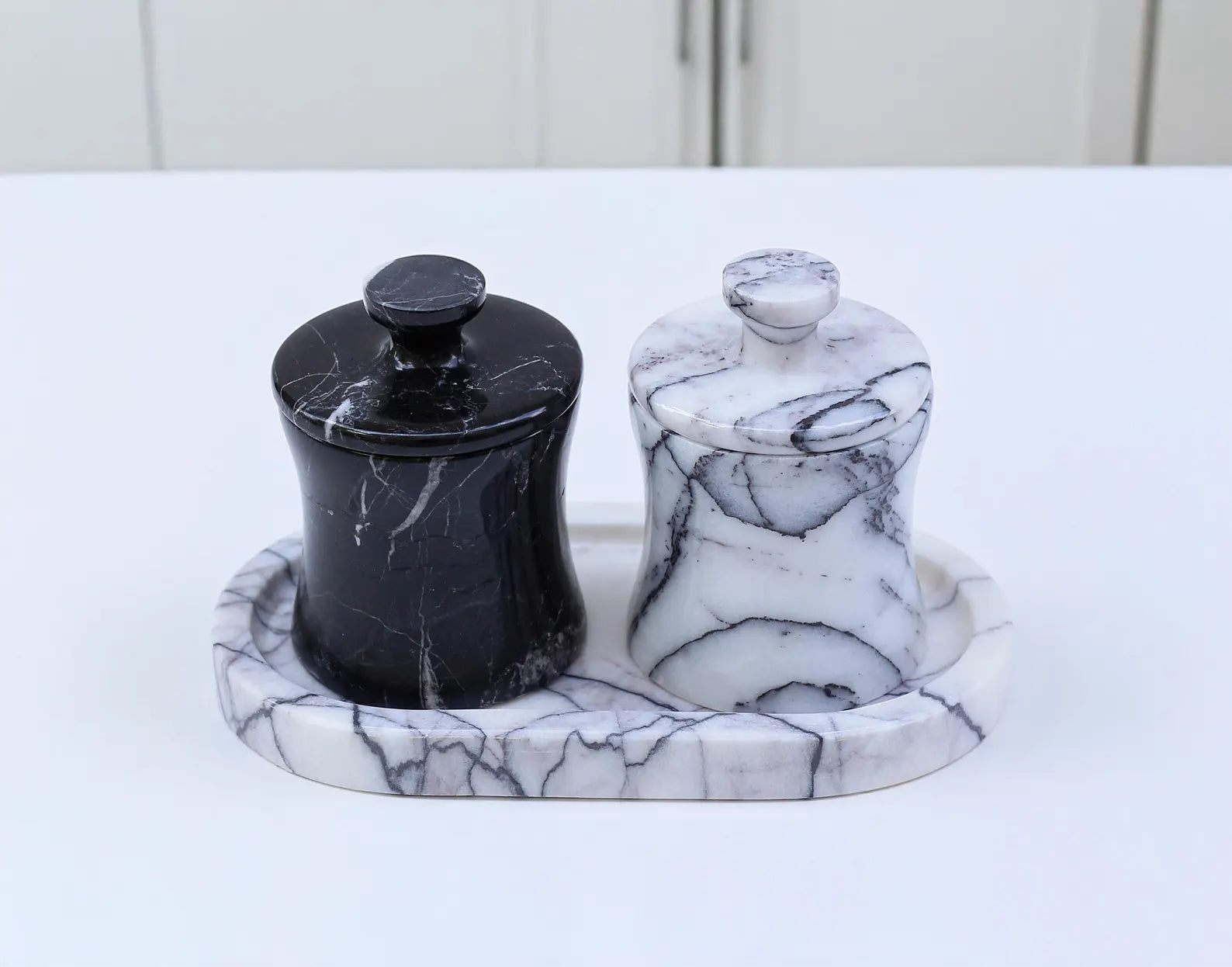 CLEMENZA 3-Piece Handmade Marble Jar Set with Tray – Black & White Marble Salt Cellar | Ege Home Decor