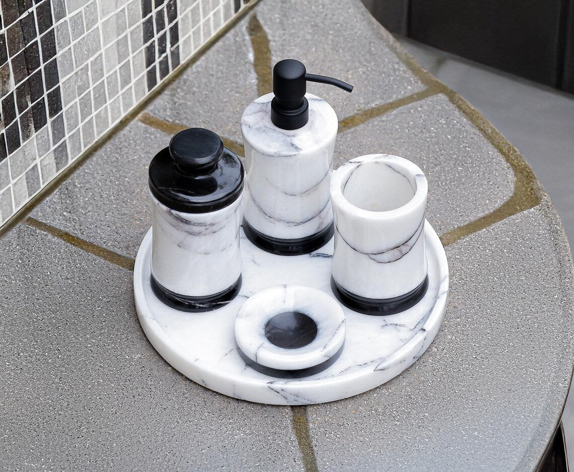 CAELUM 5-Piece Luxury Black & White Marble Bathroom Accessories Set with Stainless Steel Pump | Ege Home Decor