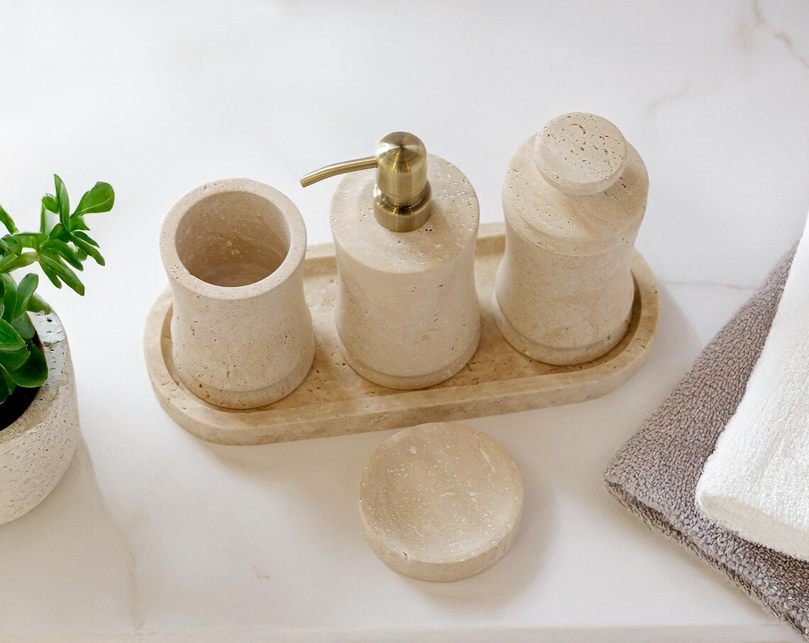 CAELUM 5-Piece Luxury Travertine Marble Bathroom Accessories Set with Stainless Steel Pump | Ege Home Decor