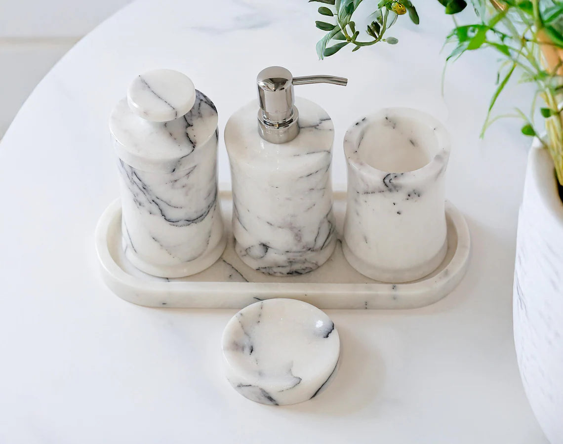 CAELUM 5-Piece Luxury Veined White Marble Bathroom Accessories Set With Tray & Stainless Steel Pump | Ege Home Decor