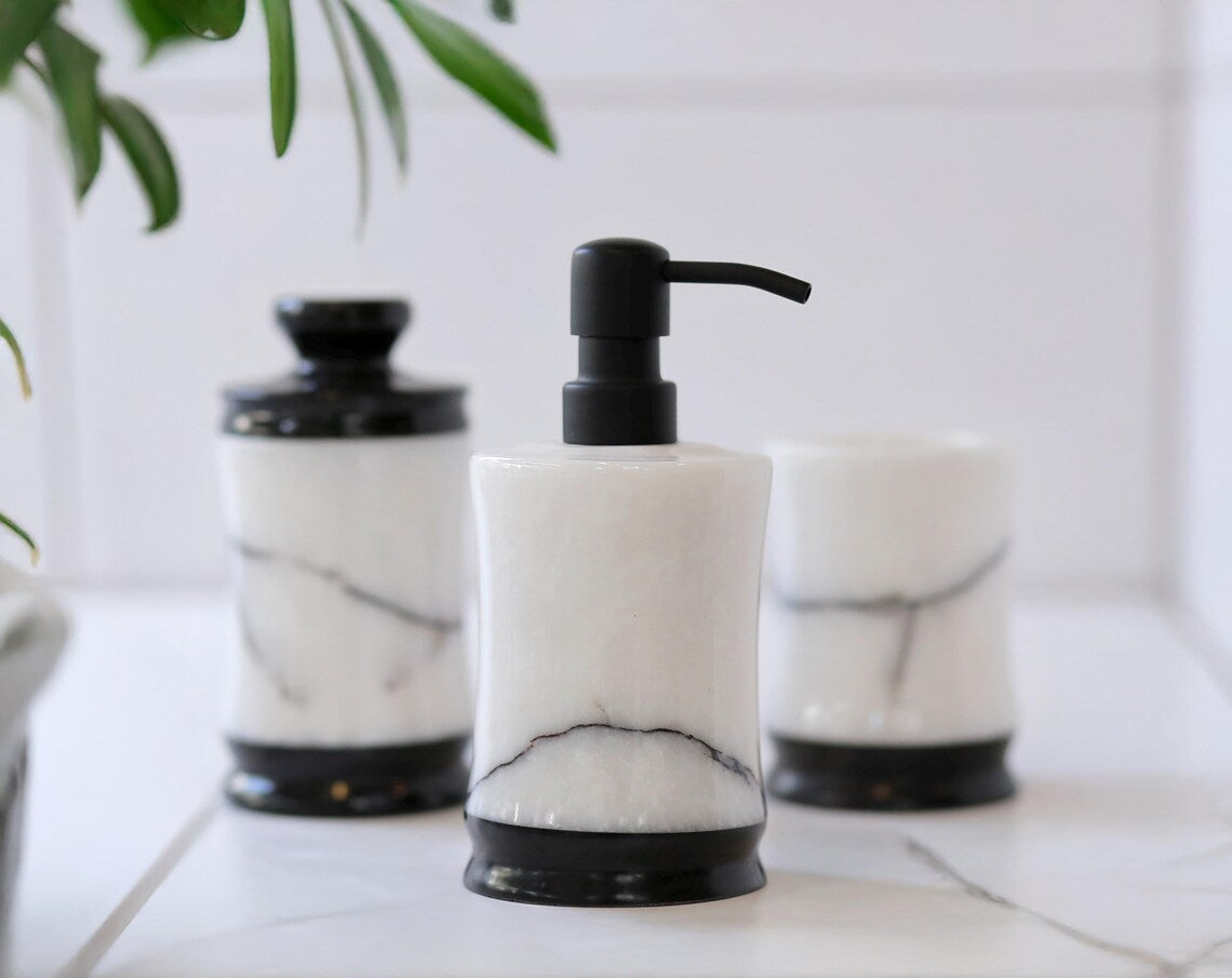 CAELUM 5-Piece Luxury Black & White Marble Bathroom Accessories Set with Stainless Steel Pump | Ege Home Decor