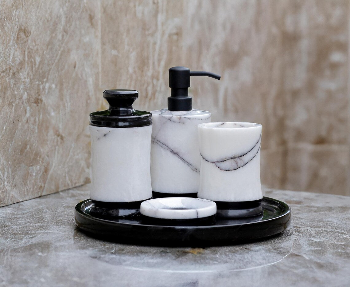 CAELUM 5-Piece Luxury Black & White Marble Bathroom Accessories Set with Stainless Steel Pump | Ege Home Decor