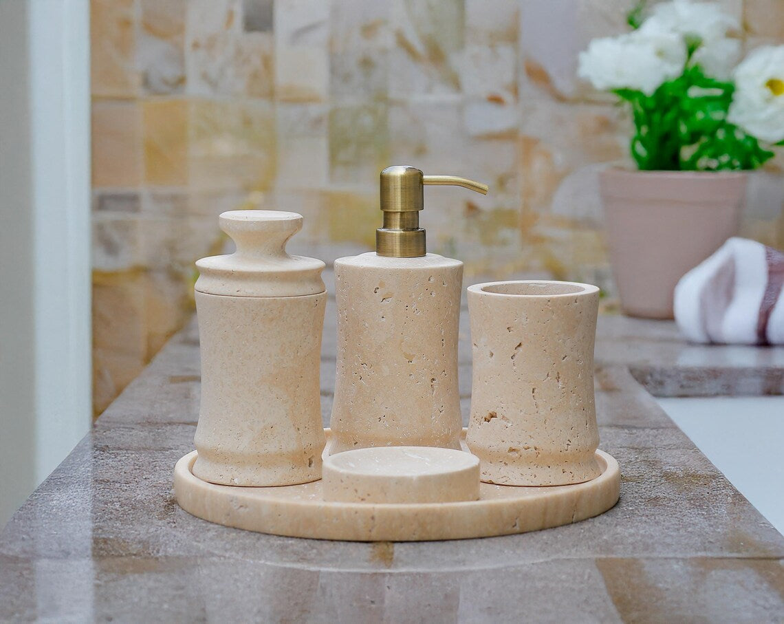 CAELUM 5-Piece Luxury Travertine Marble Bathroom Accessories Set with Stainless Steel Pump | Ege Home Decor