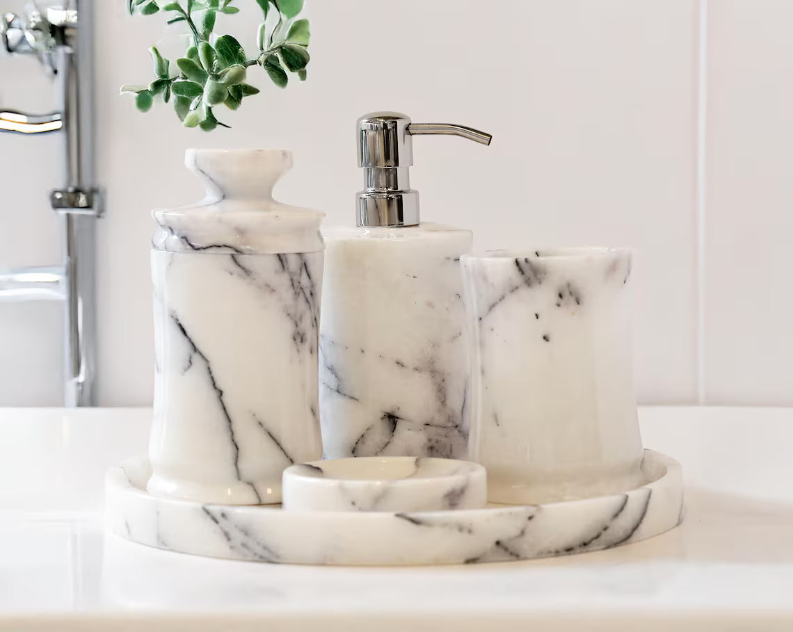 CAELUM 5-Piece Luxury Veined White Marble Bathroom Accessories Set With Tray & Stainless Steel Pump | Ege Home Decor