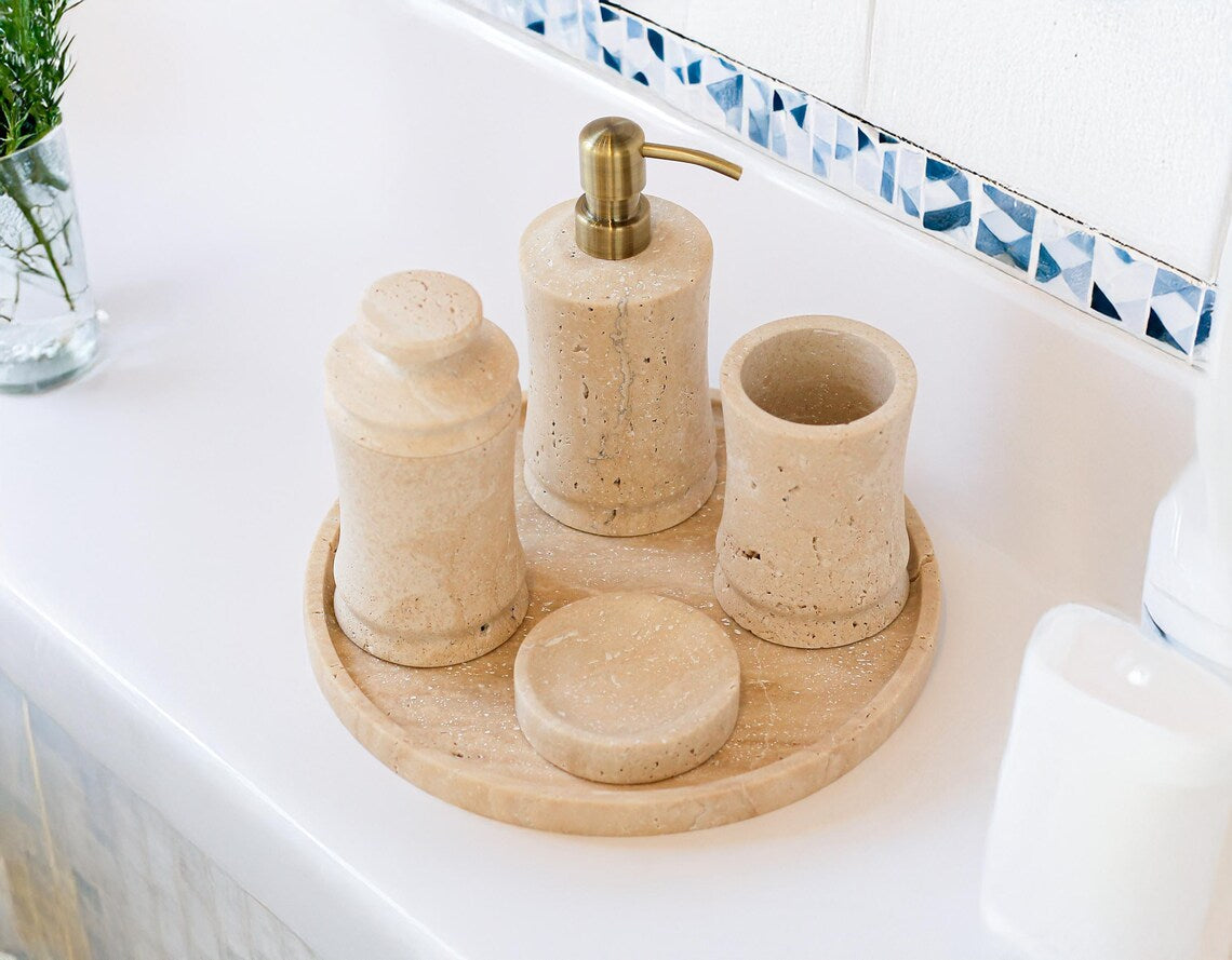 CAELUM 5-Piece Luxury Travertine Marble Bathroom Accessories Set with Stainless Steel Pump | Ege Home Decor