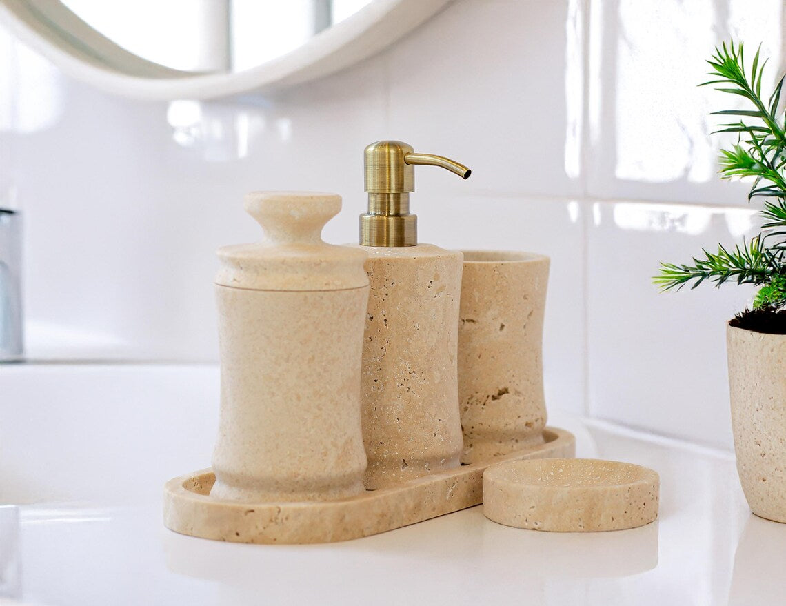 CAELUM 5-Piece Luxury Travertine Marble Bathroom Accessories Set with Stainless Steel Pump | Ege Home Decor