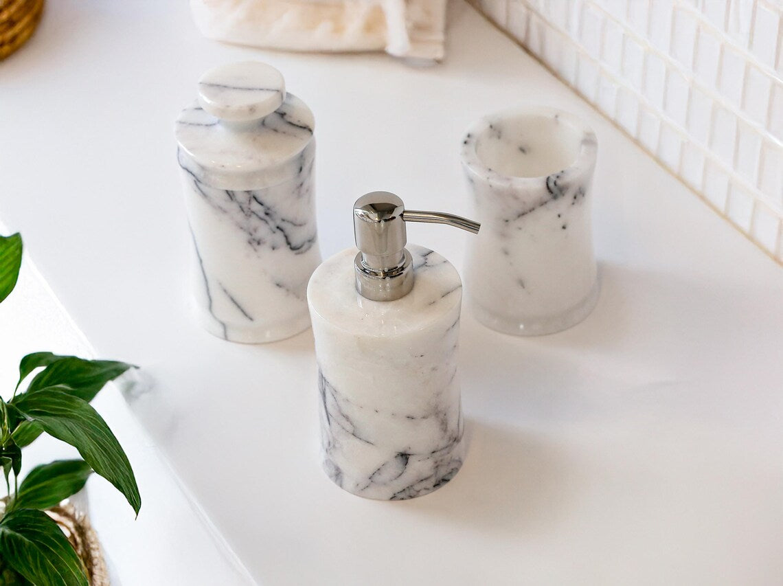 CAELUM 5-Piece Luxury Veined White Marble Bathroom Accessories Set With Tray & Stainless Steel Pump | Ege Home Decor