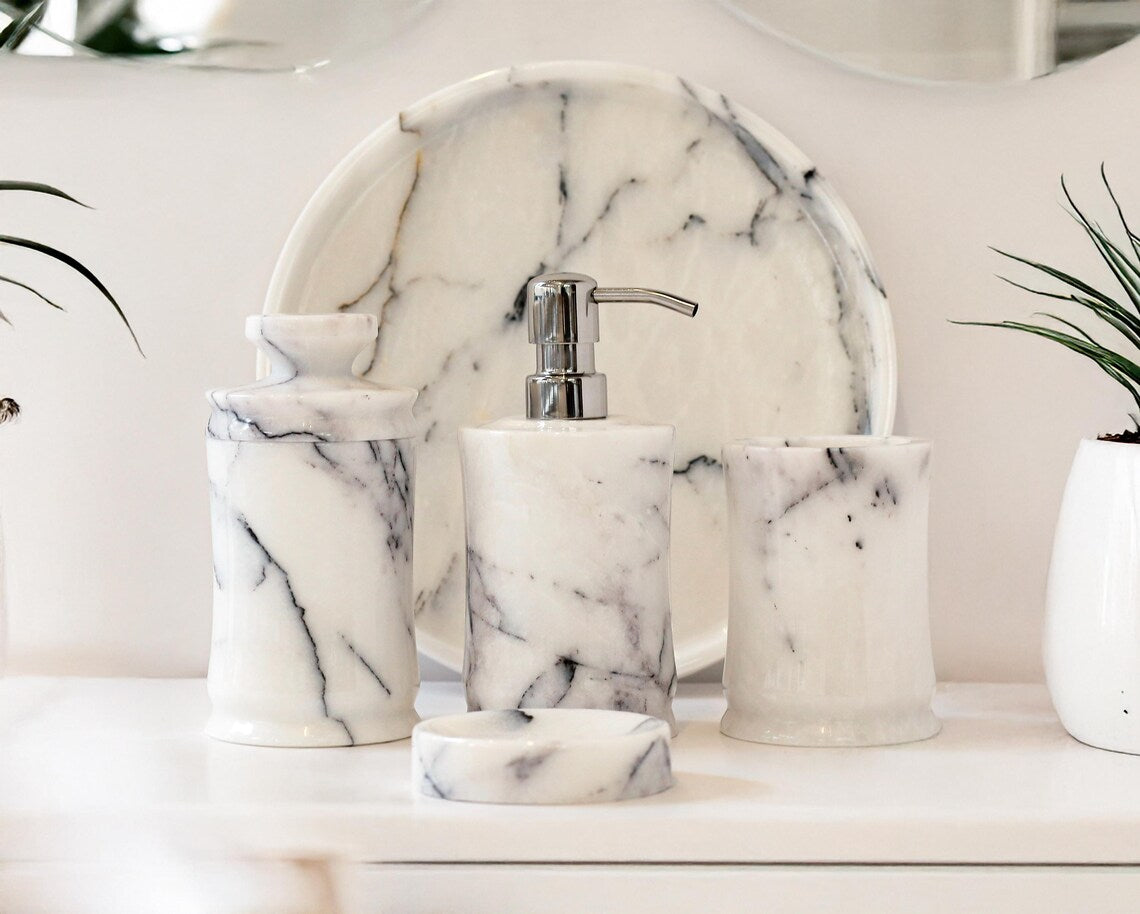 CAELUM 5-Piece Luxury Veined White Marble Bathroom Accessories Set With Tray & Stainless Steel Pump | Ege Home Decor