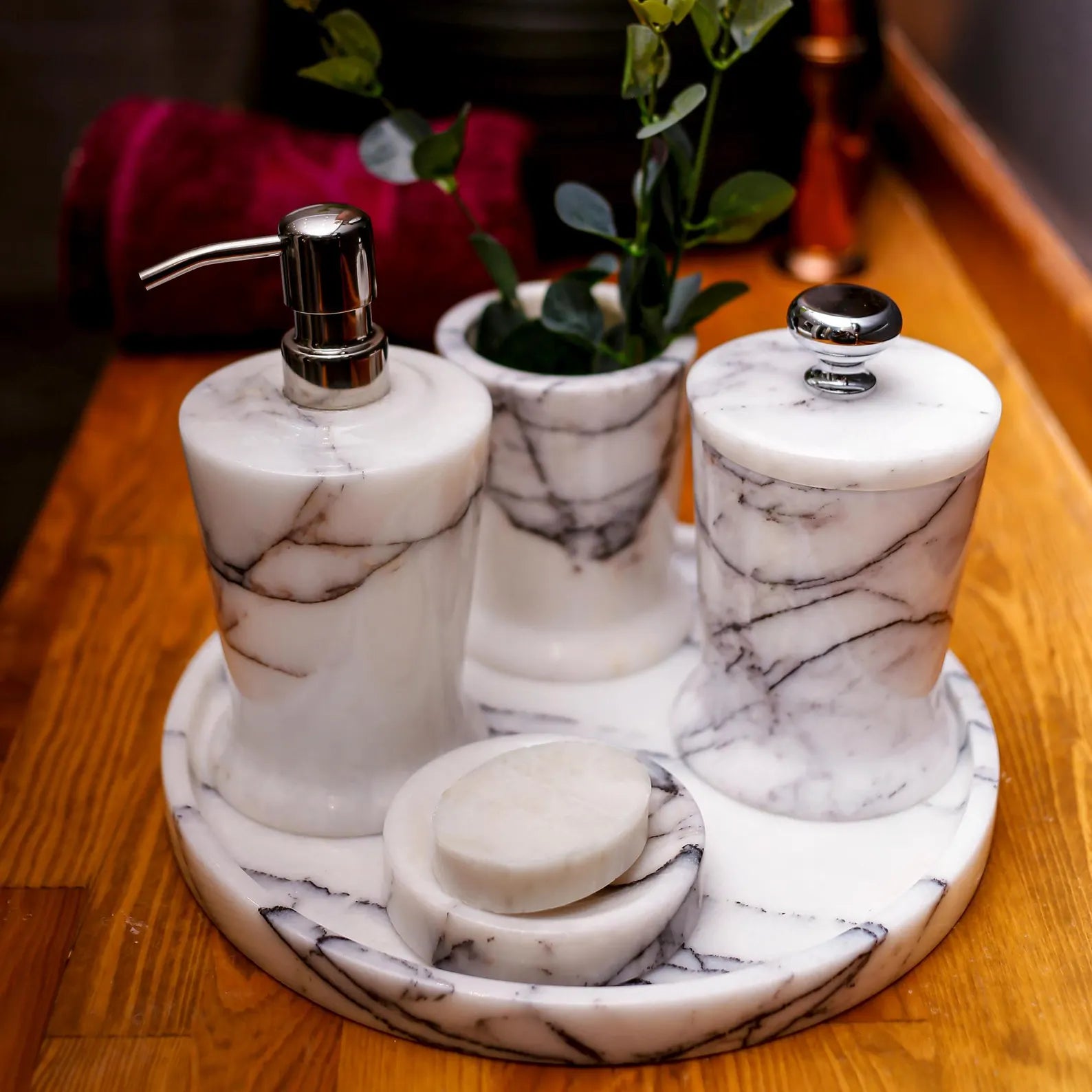 CHARIS 5-Piece Veined White Marble Bathroom Accessories Set with Tray – Stainless Steel Pump | Ege Home Decor