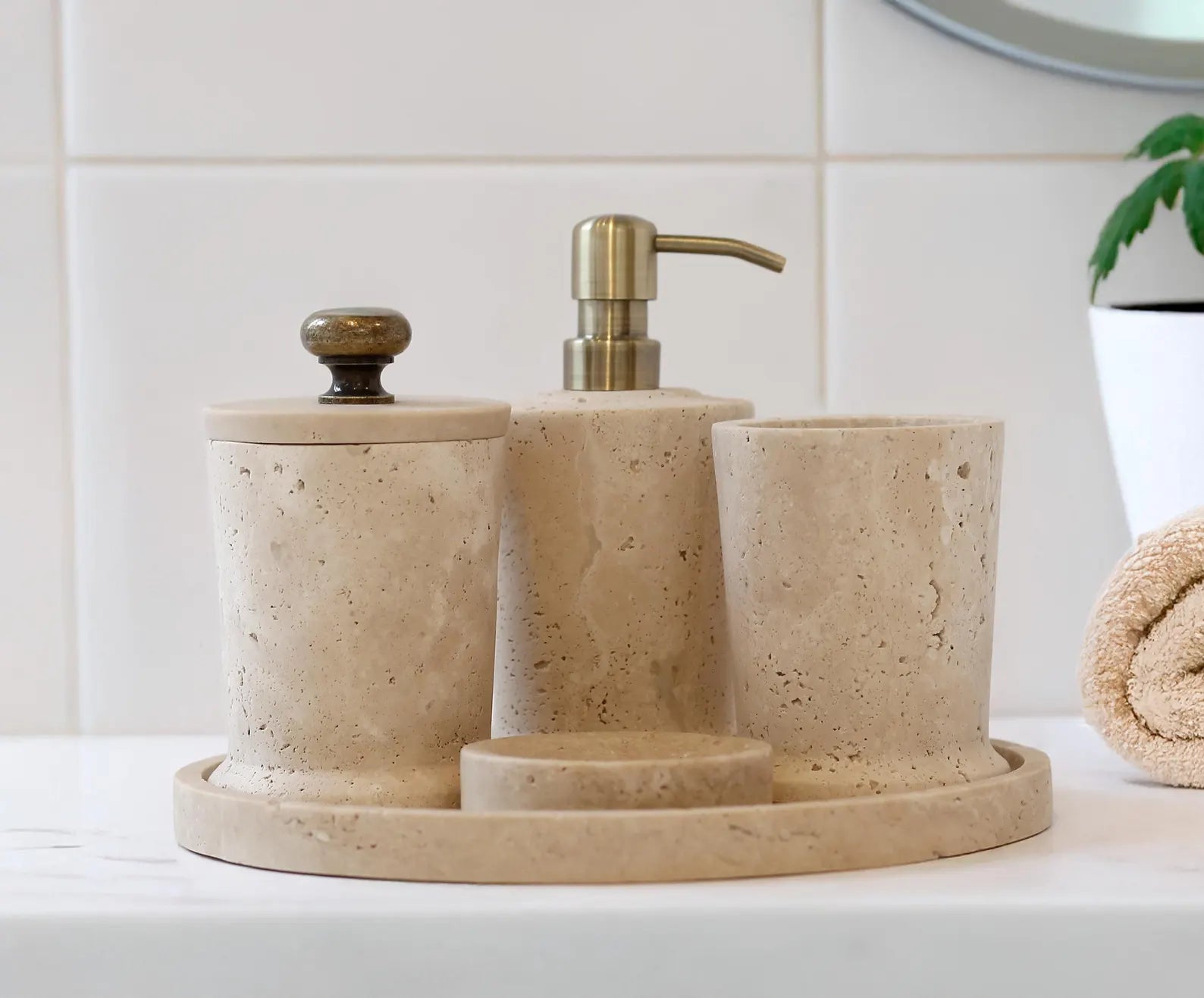 CHARIS Beige Travertine Marble Bathroom Accessories Set – Conical Design with Stainless Steel Pump | Ege Home Decor