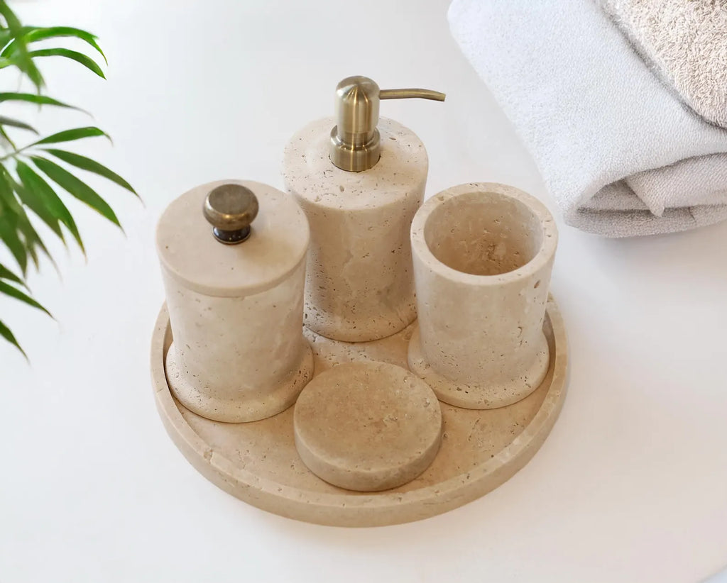 CHARIS Beige Travertine Marble Bathroom Accessories Set – Conical Design with Stainless Steel Pump | Ege Home Decor