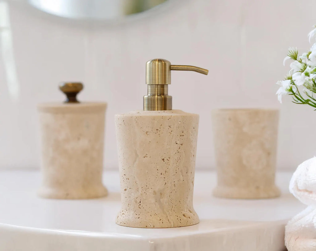 CHARIS Beige Travertine Marble Bathroom Accessories Set – Conical Design with Stainless Steel Pump | Ege Home Decor