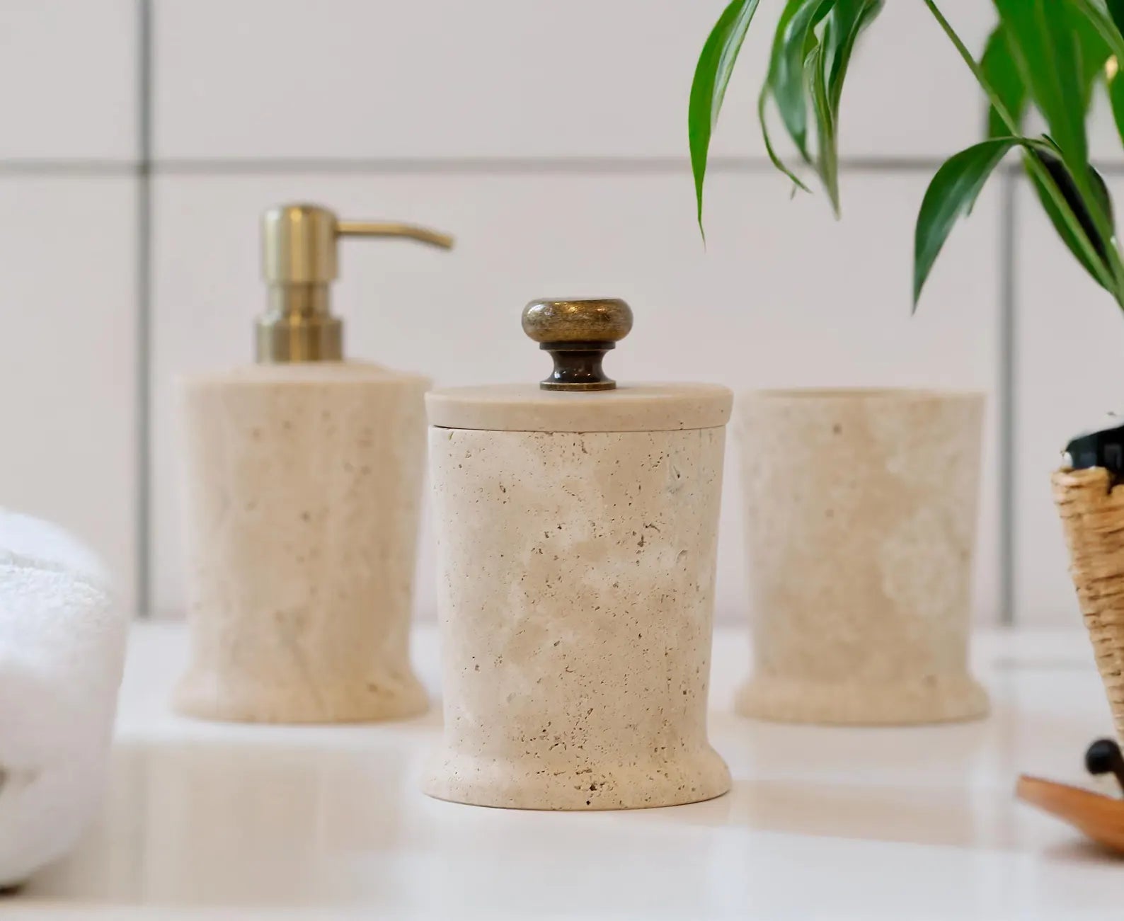 CHARIS Beige Travertine Marble Bathroom Accessories Set – Conical Design with Stainless Steel Pump | Ege Home Decor