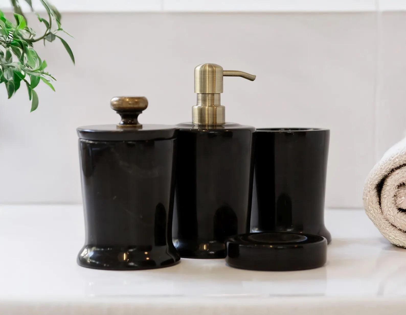 CHARIS Handmade Black Marble Bathroom Accessories Set with Tray – Stainless Steel Pump | Ege Home Decor