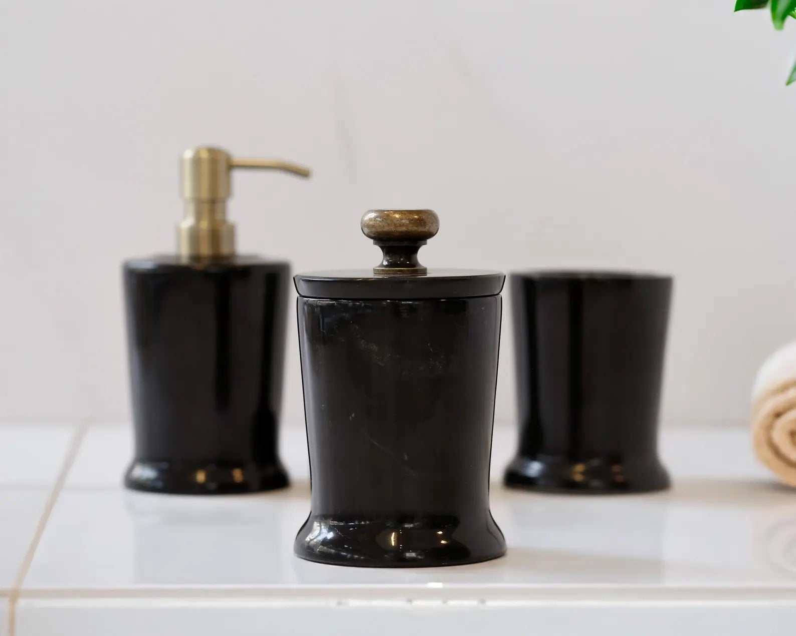 CHARIS Handmade Black Marble Bathroom Accessories Set with Tray – Stainless Steel Pump | Ege Home Decor